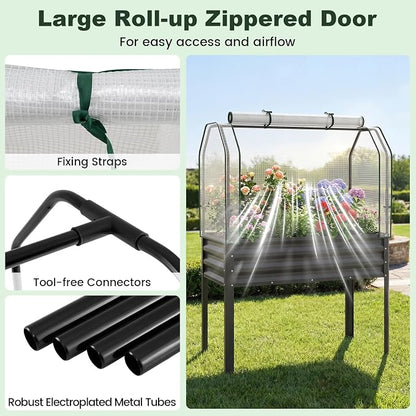 Giantex Raised Garden Bed with Legs & Greenhouse Cover, 44x22x60 Elevated Metal Planter Box with Roll-up Door, Outdoor Mini Greenhouse for Vegetable Flower Herb Patio Balcony (Black,2)