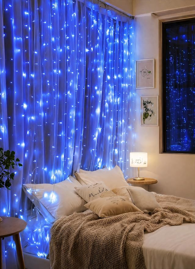 Brightown 300 LED Blue Fairy Curtain Lights, 9.8ft x 9.8ft String Lights, USB Plug in 8 Lighting Modes Christmas String Hanging Lights with Remote for Bedroom Indoor Outdoor Party Xmas Blue 1 Pack