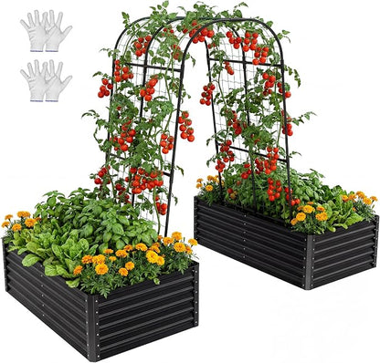 YITAHOME 2pcs 6x3x1.5ft Galvanized Raised Garden Bed with Tall Arch Trellis, Galvanized Planter Box with Trellis, Vertical Netting, Gloves, Outdoor Flower Bed for Climbing Plants, Vegetables, Black