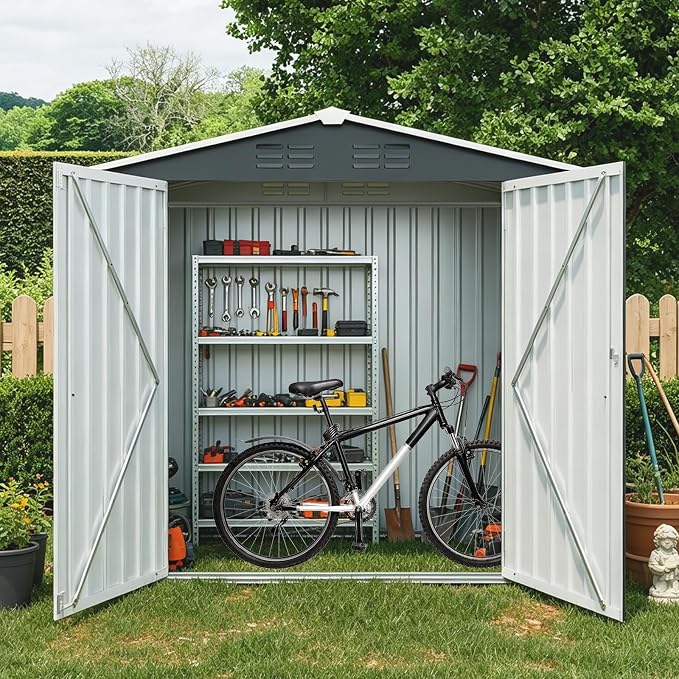 YOPTO 8X4 FT Metal Outdoor Storage Shed W/Lockable Latch,Black | Air Vent,Double‑Hinged Door,Sloped Roof,Reinforced Structure,All Weather Waterproof for Garden,Patio,Backyard,Lawn