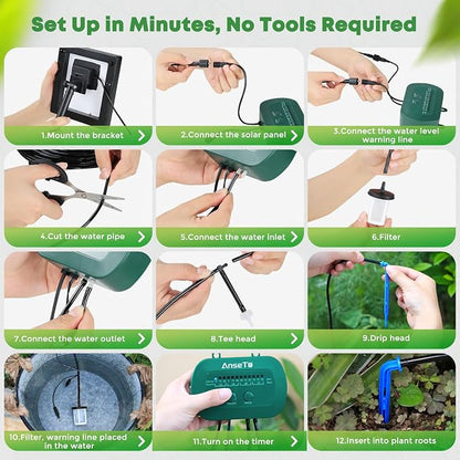 Solar Drip Irrigation System, Automatic Watering Kit with Split Design & Anti-Siphon Valve, 12 Modes Garden Irrigation System with 49ft Hose for 15 Potted Plants, Patio, Balcony & Greenhouse