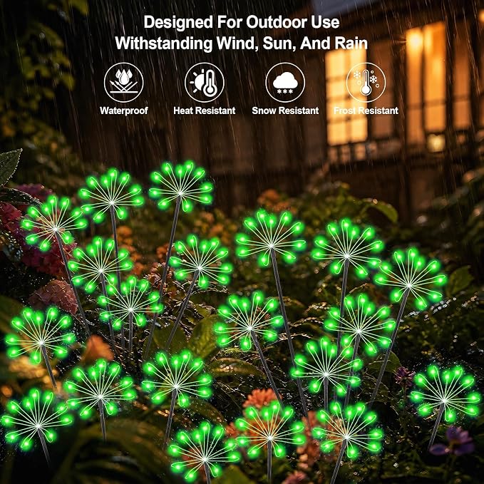 Solar Garden Lights Outdoor, Upgraded Solar Swaying Starburst Light Waterproof with 2 Modes, Solar Fairy Firework Lights for Yard Patio Pathway Flowerbed Balcony Garden Decoration (Green, 4 Pack)