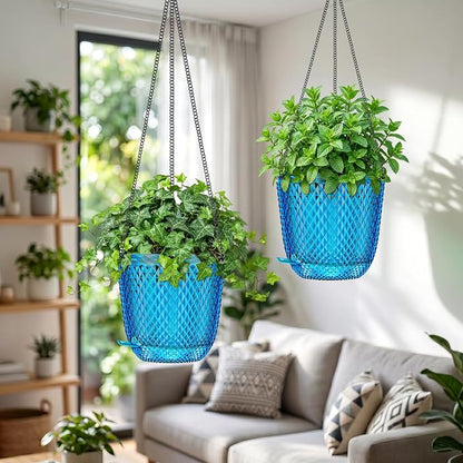 QCQHDU 7.2 Inch 2 Pack Hanging Planters for Indoor Outdoor Plants,Self Watering Flower Pots Hanging Basket,Plastic Plant Hanger with Drainage Holes and 3 Hooks for Window Porch Garden Balcony, (Blue)