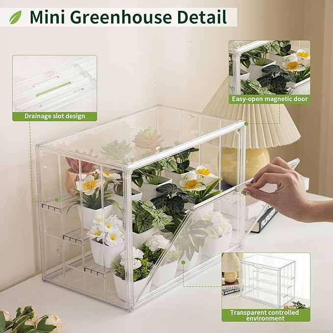 Mini Greenhouse Indoor with Magnetic Door, M-4tier-2pcs | Retains Warmth & Moisture, Durable Construction, Magnetic Door, Adjustable Dividers Fit Different Plants, Tool-Free Assembly