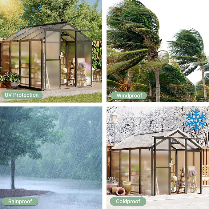 Greenhouse, 6x8 Ft Outdoor Greenhouses, Accessible Green House with Roof Vents and Sliding Doors, Aluminum Frame Polycarbonate Greenhouses, Large Greenhouse for Outdoor Gardens and Backyards, Silver