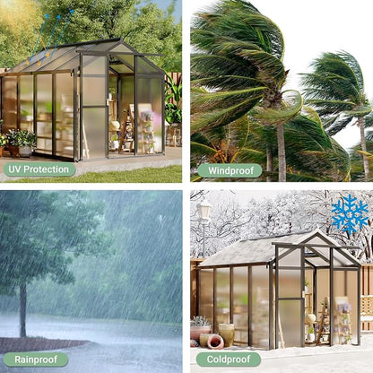 Greenhouse, 6x8 Ft Outdoor Greenhouses, Accessible Green House with Roof Vents and Sliding Doors, Aluminum Frame Polycarbonate Greenhouses, Large Greenhouse for Outdoor Gardens and Backyards, Silver