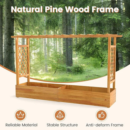 Happygrill 45" Raised Garden Bed with Trellis, Wood Planter Box w/Hanging Roof, 2 Side Trellises, Open-Ended Base for Flower, Climbing Plant, Plant Container for Garden