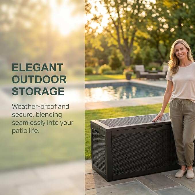 100 Gallon Deck Box, Waterproof Resin Rattan Outdoor Storage Box Lockable for Patio Furniture, Fade Resistant Patio Side Table & Organizer for Garden Tools, Pool Float, Outdoor Cushions, Black