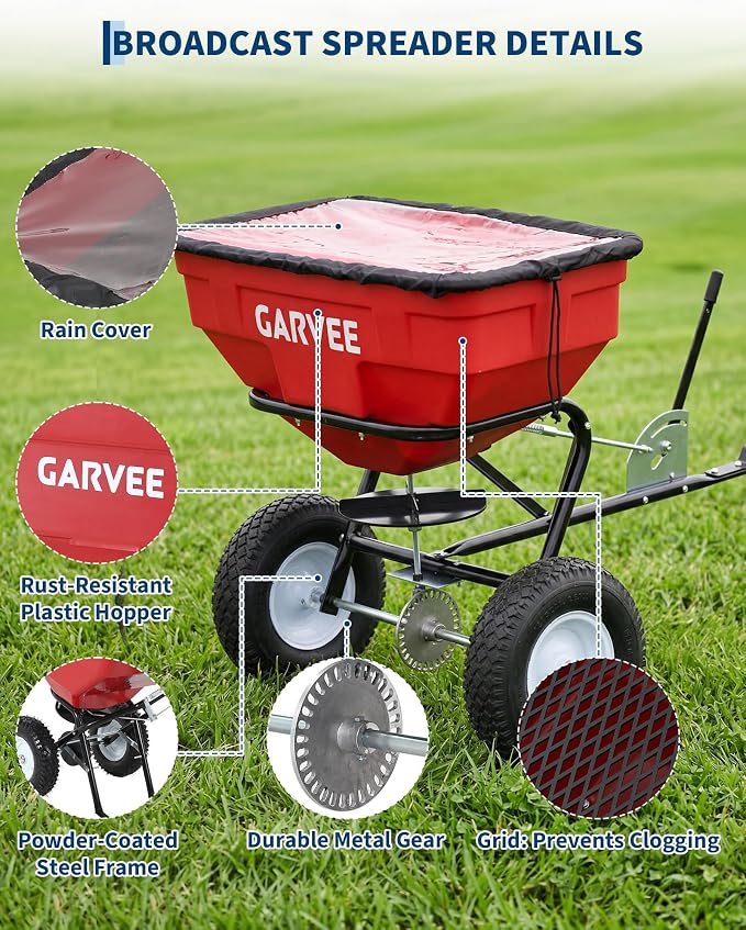 Tow Behind Broadcast Spreader, 125 LBS Large Capacity Universal Hook Tow & Push Lawn Spreader, 9.8 ft Spreading Width 30 Adjustable Settings, Compatible with UTV ATV Riding Mower & Most Tractors