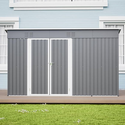 YOPTO 10x4 FT Outdoor Storage Shed, Metal Sheds with Floor Base & Open Firewood Storage,Steel Garden Shed with Lockable Doors,Sloped Roof,Windows, 2 in 1 Large Tool Shed for Patio, Backyard, Lawn.Gray