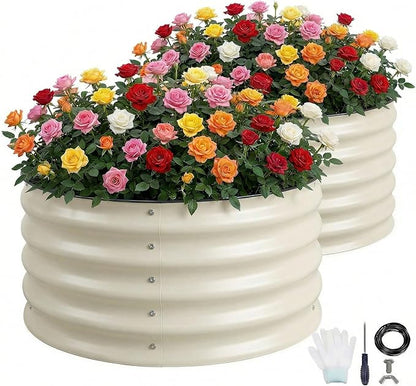 Sponvatt 2 Pcs Round Galvanized Raised Garden Bed Kit 24 x 12 Inch Metal Planter Box Outdoor with Safety Rubber Edge Trim Rust Proof Weather Resistant Circular Steel Garden Beds White 12 Inch Deep