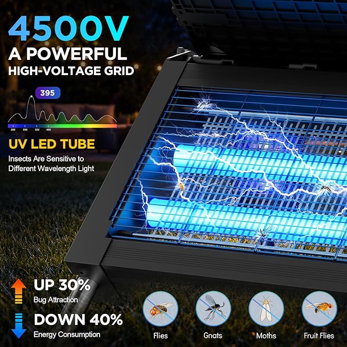 Solar Bug Zapper Outdoor, 4500V Outdoor Mosquito Zapper with Detachable Fold-Down Solar Roof Panel, IPX5 Waterproof Solar Powered Bug Zapper for Patio Yard Garden Backyard Camping, Hanging Stake Use