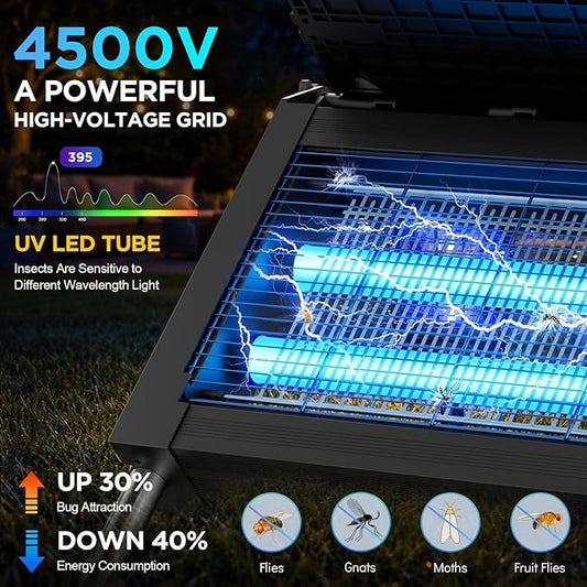 Solar Bug Zapper Outdoor, 4500V Outdoor Mosquito Zapper with Detachable Fold-Down Solar Roof Panel, IPX5 Waterproof Solar Powered Bug Zapper for Patio Yard Garden Backyard Camping, Hanging Stake Use