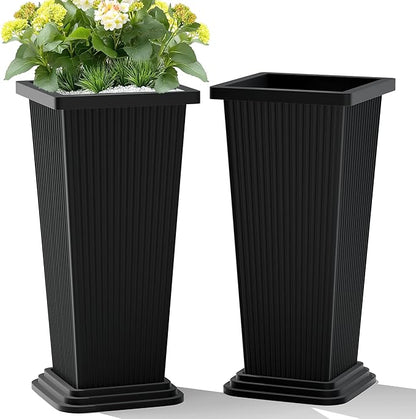 TUYOHW Set of 2 Large Tall Planter for Indoor or Outdoor 24" Flower Pots Tapered Tall Planters with Tray for Porch, Patio, Backyard, Large Planters for Outdoor Indoor Plants(Black,Striped)