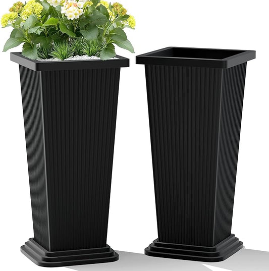 TUYOHW Set of 2 Large Tall Planter for Indoor or Outdoor 24" Flower Pots Tapered Tall Planters with Tray for Porch, Patio, Backyard, Large Planters for Outdoor Indoor Plants(Black,Striped)