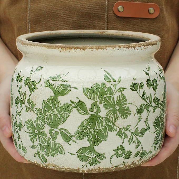 Tuscan Ceramic Planter with Decorative Tray, Plant Lover Gifts for Women | 7.7" Large Indoor Flower Pot, Handmade Retro Crackled Plant Pot, Cottage Country Home Decor, Gardening Gifts