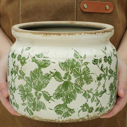Tuscan Ceramic Planter with Decorative Tray, Plant Lover Gifts for Women | 7.7" Large Indoor Flower Pot, Handmade Retro Crackled Plant Pot, Cottage Country Home Decor, Gardening Gifts
