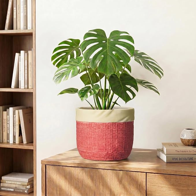 Ceramic Pots for Plants, 8 Inch Planter, Round Plant Pot, Red | Decorative Flower Pots with Drainage Hole, Boho Planter for Indoor Plants, Living Room Decor, Plant Gifts for Women