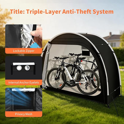 Anti-Theft Bike Storage Tent with Lockable Zipper & Security Eyelets, Upgraded PU5000 Waterproof Outdoor Storage Shed for 2 Bikes, Bicycle Motorcycle Garden Tools Shelter (80x32x68 Inches)