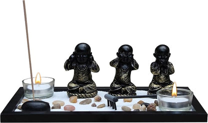 Zen Garden Meditation Garden 3 Buddha See, Speak, Hear No Evil Statues, Incense Holder, Incense, 2 Tea Light Holders, Rocks, Sand, Rake (Candles Not Included)