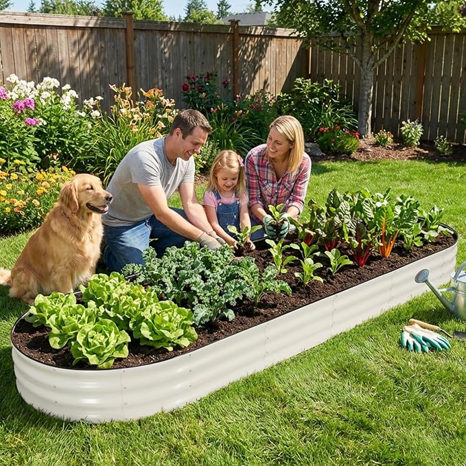 INNO STAGE Galvanized Raised Garden Bed, 12x4x1FT Oval Metal Raised Garden Beds for Vegetables, Rust-Resistant & Easy Assembly, Outdoor Planter Box for Gardening, Flowers, Herbs (White)