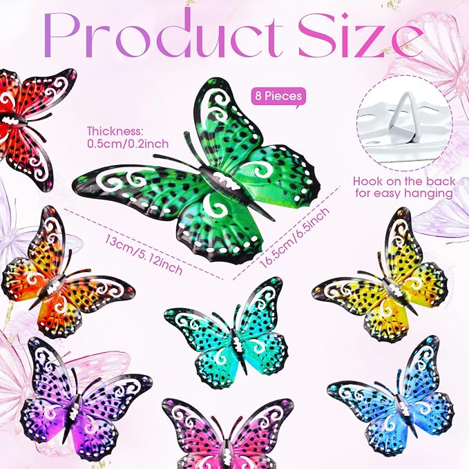 Jetec 8 Pcs Metal Butterfly Wall Decor 6.5 Inch Outdoor Butterflies Wall Art Sculpture 3D Butterfly Hanging Decoration for Spring Outside Fence Garden Yard Home Patio Balcony(Bright Style)