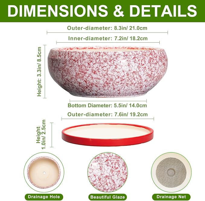 Succulent Pots - 8 Inch Bonsai Pots for Indoor Outdoor, Shallow Ceramic Planter with Drainage Hole and Saucer, Round Flower Succulent Planters, Room Decor, Gifts for Plant Lovers, Red