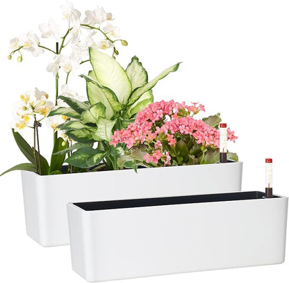 Elongated Self Watering Planter Pots 2-Pack Window Box 5.5 x 16 inch Indoor Home Garden Modern Decorative Planter Pot for All House Plants Flowers Herbs (White,2)