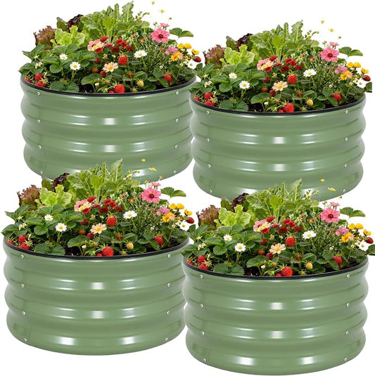 WILLOW WEAVE 4 Pcs Round Raised Garden Bed Outdoor, 2x2x1ft Circle Garden Bed, Galvanized Raised Planter Box for Gardening, Metal Raised Beds for Flower, Vegetable, Herb, OliveGreen