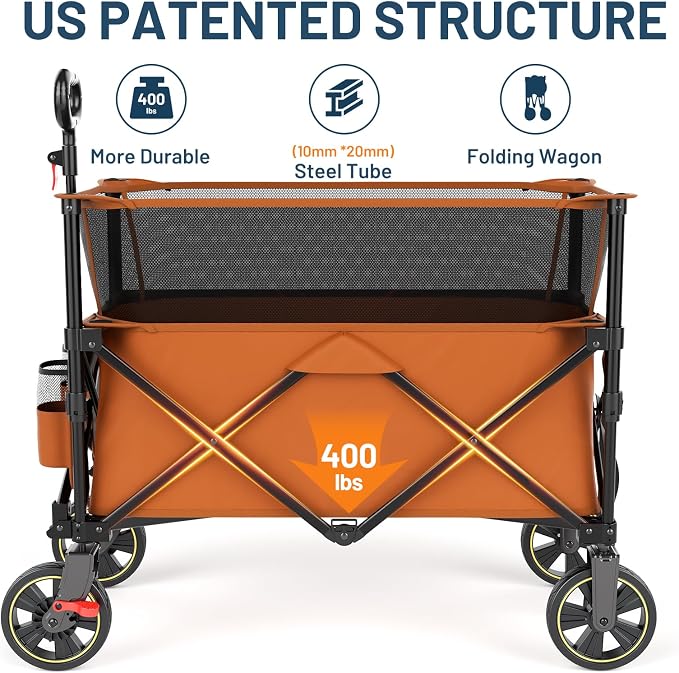 Timber Ridge 350L Extra Large Collapsible Folding Wagon Carts with Brake, Heavy Duty Outdoor Camping Utility Wagons with Extended Height, Adjustable Handle, Cup Holders, Side Bag(Orange)