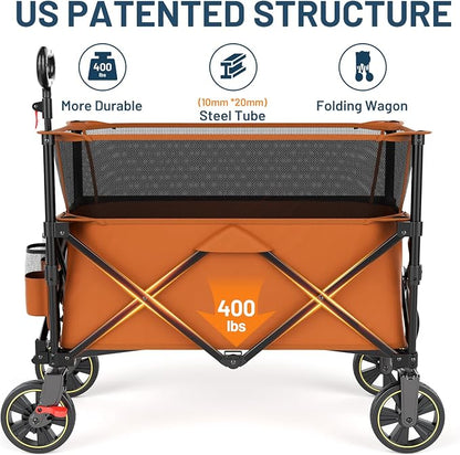 Timber Ridge 350L Extra Large Collapsible Folding Wagon Carts with Brake, Heavy Duty Outdoor Camping Utility Wagons with Extended Height, Adjustable Handle, Cup Holders, Side Bag(Orange)