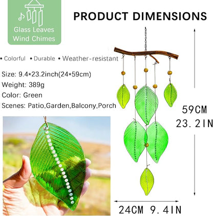 YU FENG 20 Inch Green Stained Glass Wind Chimes with Leaves Outdoor Decor | Handmade Glass Wind Chime, Leaf Forest Ornament, Rainbow Light Effect, Garden Yard Window Hanging Decoration
