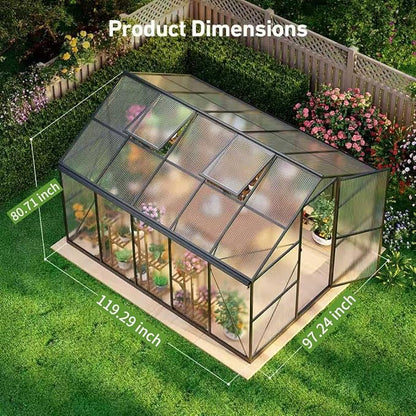 8x10FT Greenhouses for Outdoors with Hygrometer, Polycarbonate Green Houses for Outside Heavy Duty with Aluminum Frame, Walk in Greenhouses with Drainage Channel Roof Vent for Backyard or Garden Use