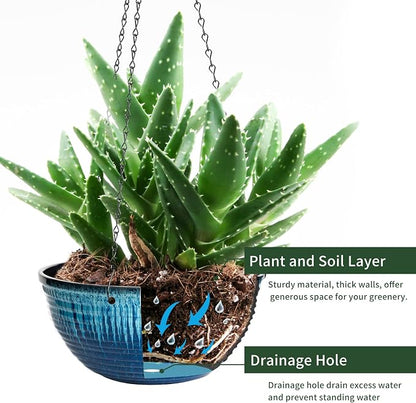 Vanslogreen 12 inch Hanging Planters for Indoor Outdoor Plants, 2 Pack Large Hanging Flower Pots with Drainage Holes and Chain, Glazed Hanging Baskets for Home Garden Decoration (Blue Flow Glaze)