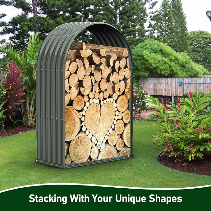 ANLEOLIFE Arch Tall Outdoor Firewood Rack with Corrugated Steel Roof | Alloy Steel Log Holder; 22-Gauge Powder-Coated Galvanized Panels; 18"D x 36"W x 54"H; Open-Sided Airflow; Round Crossbars