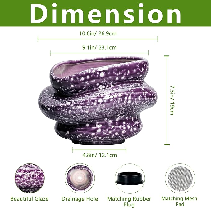 Ceramic Pots for Plants - 10.6 Inch Ceramic Plant Pots Indoor with Drainage Hole, Unique Planters for Indoor Outdoor Plants, Decorative Planter, Garden Room Decor, Housewarming Gifts, Purple