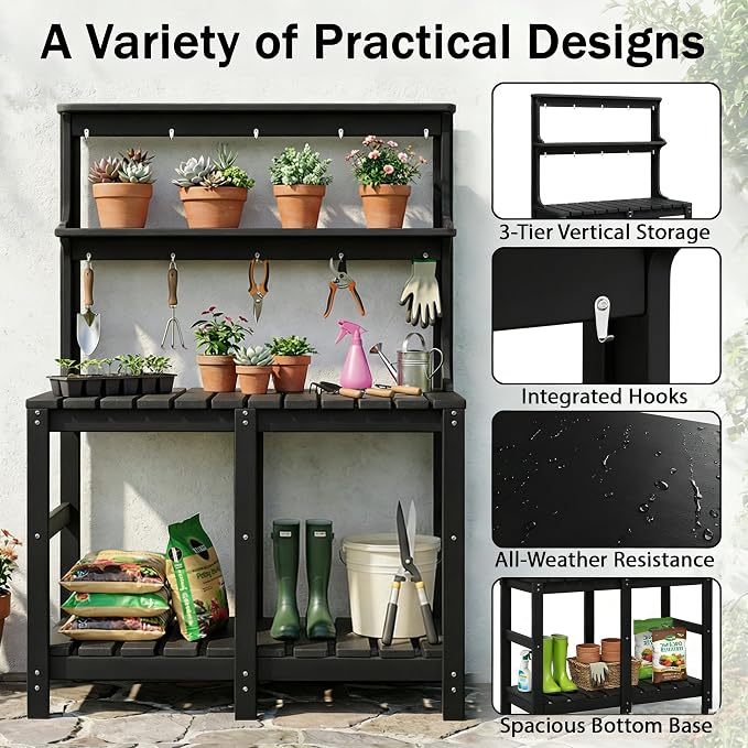 Outdoor Potting Bench with 3 Tier, All-Weather Patio Potting Table with Tool Hooks, HDPE Gardening Table for Backyard, Garden, Black