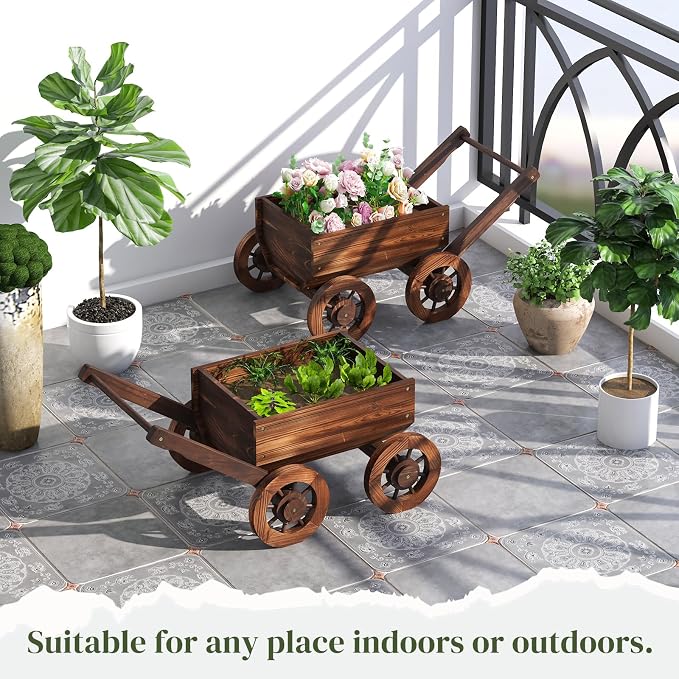 Wooden Flower Cart with Wheels Wooden Wagon Planter Trolley Decoration Succulent Flower Pot, Outdoor Garden Planter Decor Planter for Patio Balcony Indoor Backyard Balcon Decor Cart（Small）