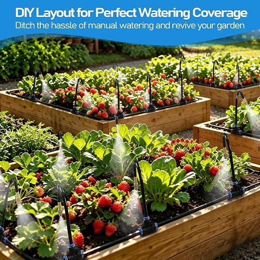 360° Adjustable Drip Irrigation System Kit, 50 FT Garden Watering System with 15 Copper Nozzles, Automatic Misting Sprinkler for Yard, Garden, Lawn, Raised Bed, Greenhouse and Plants