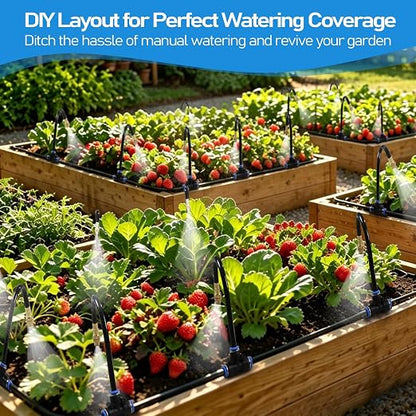 360° Adjustable Drip Irrigation System Kit, 50 FT Garden Watering System with 15 Copper Nozzles, Automatic Misting Sprinkler for Yard, Garden, Lawn, Raised Bed, Greenhouse and Plants