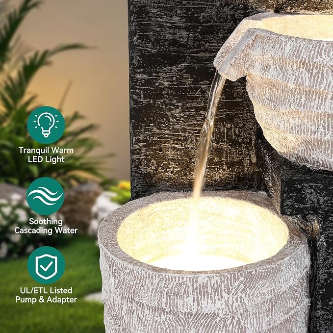 40" H Multilayer Cascading Outdoor Water Fountain with LED Lights & Pump, Sand-Textured Polyresin Freestanding Garden Fountain for Tranquil Garden, Patio or Porch | Unique Sand-Textured Polyresin Freestanding Garden Fountain for Garden, Patio or Porch