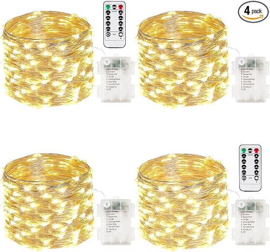 4 Pack Fairy Lights Battery Operated with Remote 33FT 50LED Warm White | Remote Control, 8 Modes, Timer, Adjustable brightness, Waterproof Lights for Indoor Outdoor Classroom Christmas Decor