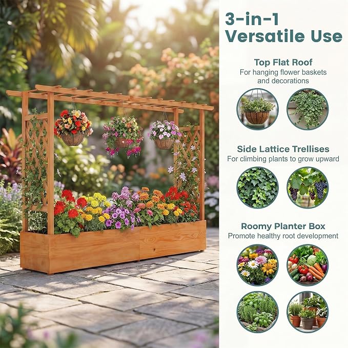 HAPPYGRILL Raised Garden Bed with Trellis, Freestanding Wood Planter Box w/Hanging Roof & 8 Drainage Holes for Vine, Climbing Plants, Flowers, Outdoor Planter with Trellis for Garden, Patio, Yard