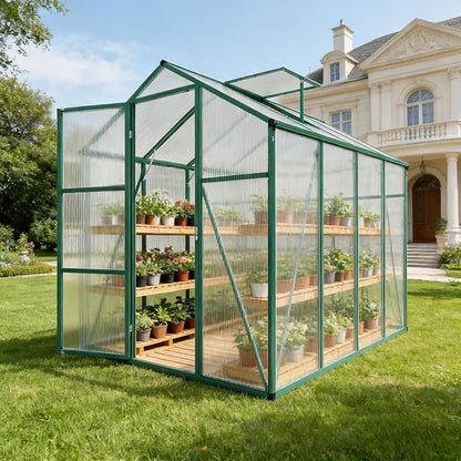 6x8 FT Greenhouse, Walk-in Heavy Duty Polycarbonate Outdoor Greenhouses with Raised Base & Anchor, Height-Enhanced Aluminum Frame, & Drainage System for Backyard All Season Growing, Green