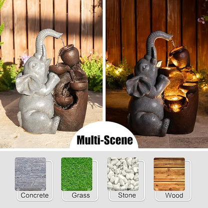 Glitzhome Outdoor Water Fountain, 4-Tiered Elephant and Pot Outdoor Fountain with Lights, 18.5" H Polyresin Decorative Waterfall Feature Garden Fountain with Pump for Patio, Yard, Deck, Porch Decor