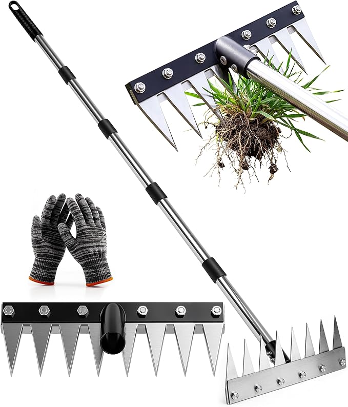 Iron Weed Rake with 71" Adjustable Long Handle, 8 Teeth Manual Weed Remover Tool Heavy Duty Garden Weed Puller with Gloves for Yard, Lawn, Garden | Heavy Duty, 71" Adjustable Long Handle