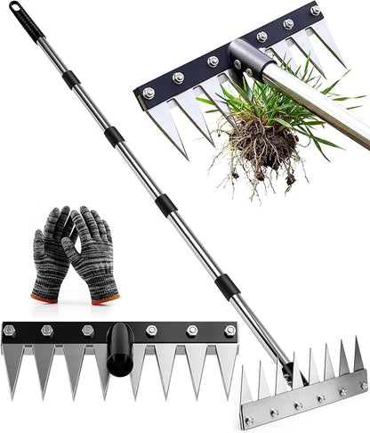 Iron Weed Rake with 71" Adjustable Long Handle, 8 Teeth Manual Weed Remover Tool Heavy Duty Garden Weed Puller with Gloves for Yard, Lawn, Garden | Heavy Duty, 71" Adjustable Long Handle