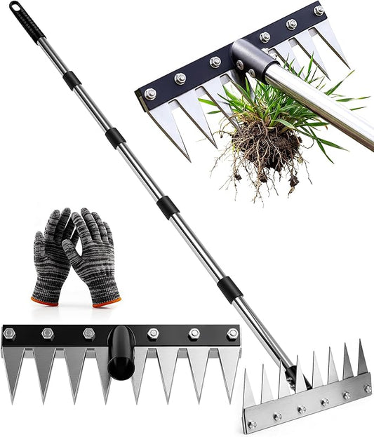 Iron Weed Rake with 71" Adjustable Long Handle, 8 Teeth Manual Weed Remover Tool Heavy Duty Garden Weed Puller with Gloves for Yard, Lawn, Garden | Heavy Duty, 71" Adjustable Long Handle