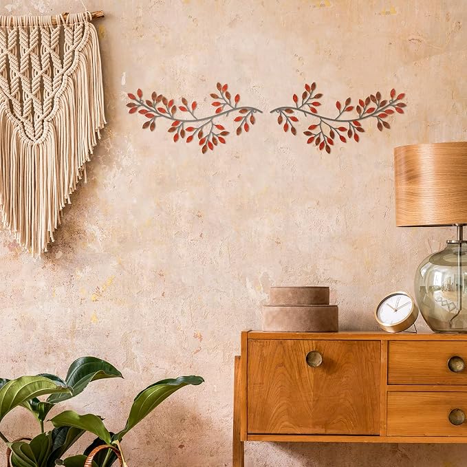 Hotop 2 Pieces Metal Tree Leaf Wall Decor Vine Olive Branch Leaf Wall Art Wrought Iron Scroll Sculptures Above the Bed, Living Room, Outdoor Decoration(Classic Style,Rusty Color)
