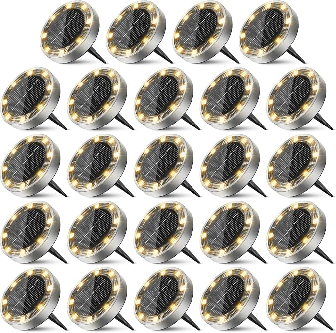 Peasur Solar Ground Lights Outdoor, 24 Pack Flat Solar Powered Disc Lights, IP68 Waterproof, Anti-Rust, Landscape Lighting for Pathway Garden Yard Lawn Walkway Landscape Driveway, Warm White